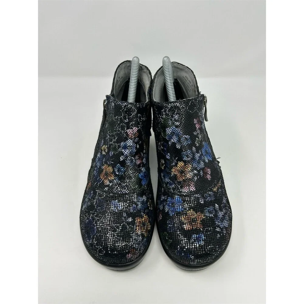Alegria Hannah Womens Ankle Booties Black Floral Side Zip Block Heel Size 38